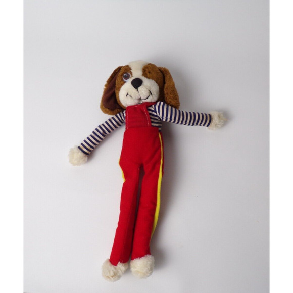 Vintage Anntoy Co. Ltd. Plush Dog Red Overalls Blue Stripes Long Legs Hong Kong - Picture 2 of 6